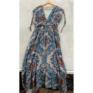 The Korner Maxi Dress Womens Medium Floral Teal Brown Fairy Boho Whimsigoth
